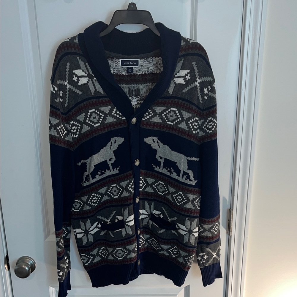 Club Room Navy and Gray Dog Pattern Cardigan